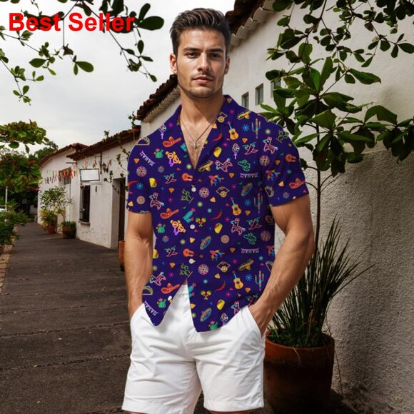 Polyester Spandex Button Down Shirt Short Sleeve Tropical - Picture 2 of 7